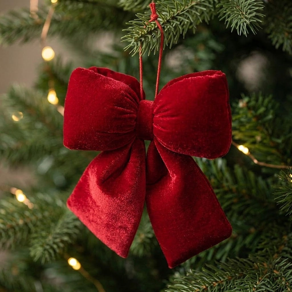 A bright red velvet bow hangs by a red cord among green Christmas tree branches and warm white lights.