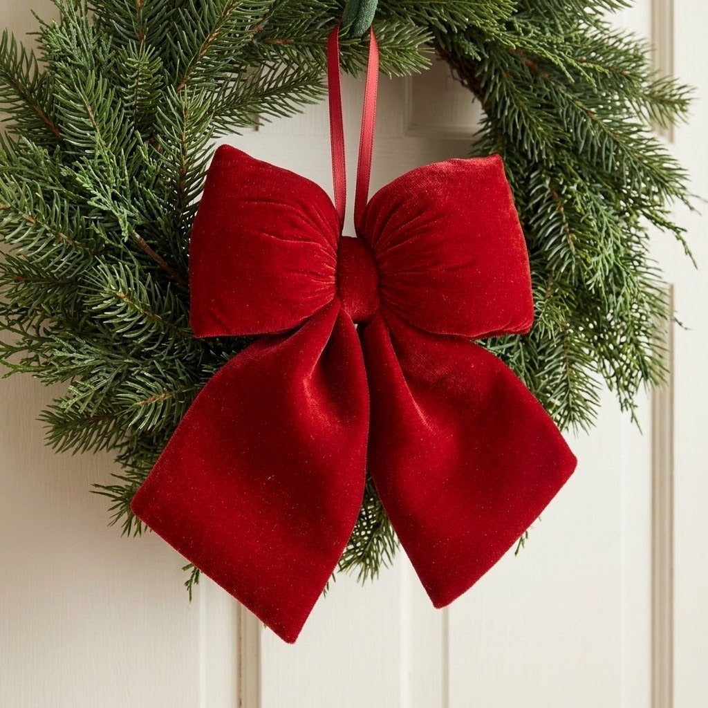 A red velvet Christmas bow hangs by a red loop from a green wreath against a cream paneled door.