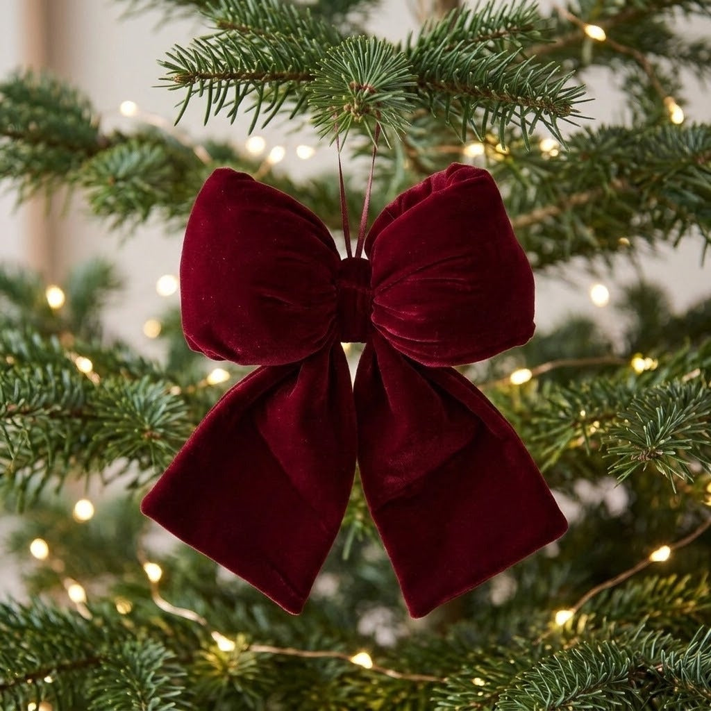 A burgundy velvet bow hangs among green Christmas tree branches surrounded by warm white string lights.
