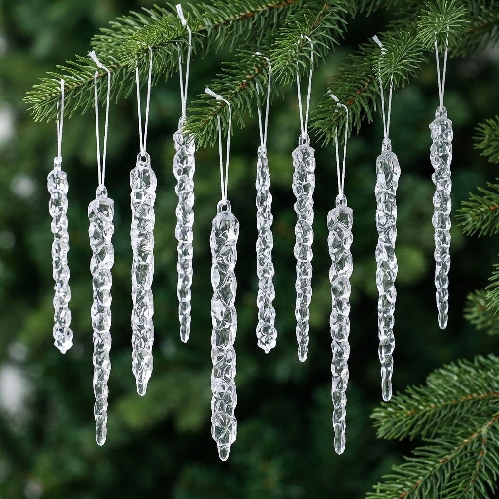 Clear tapered icicle ornaments hang at staggered heights from green tree branches against a dark green background.
