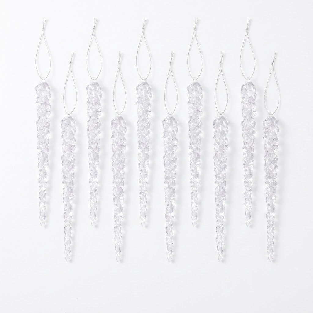 Ten clear icicle ornaments with silver hanging loops are arranged in alternating heights on a white background.