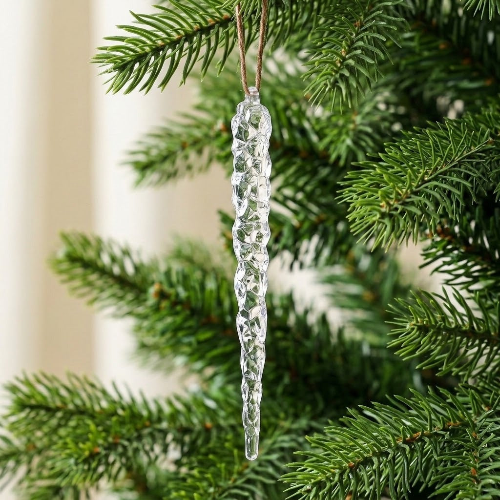 A single clear textured icicle ornament hangs from a brown cord among green tree branches against a cream background.