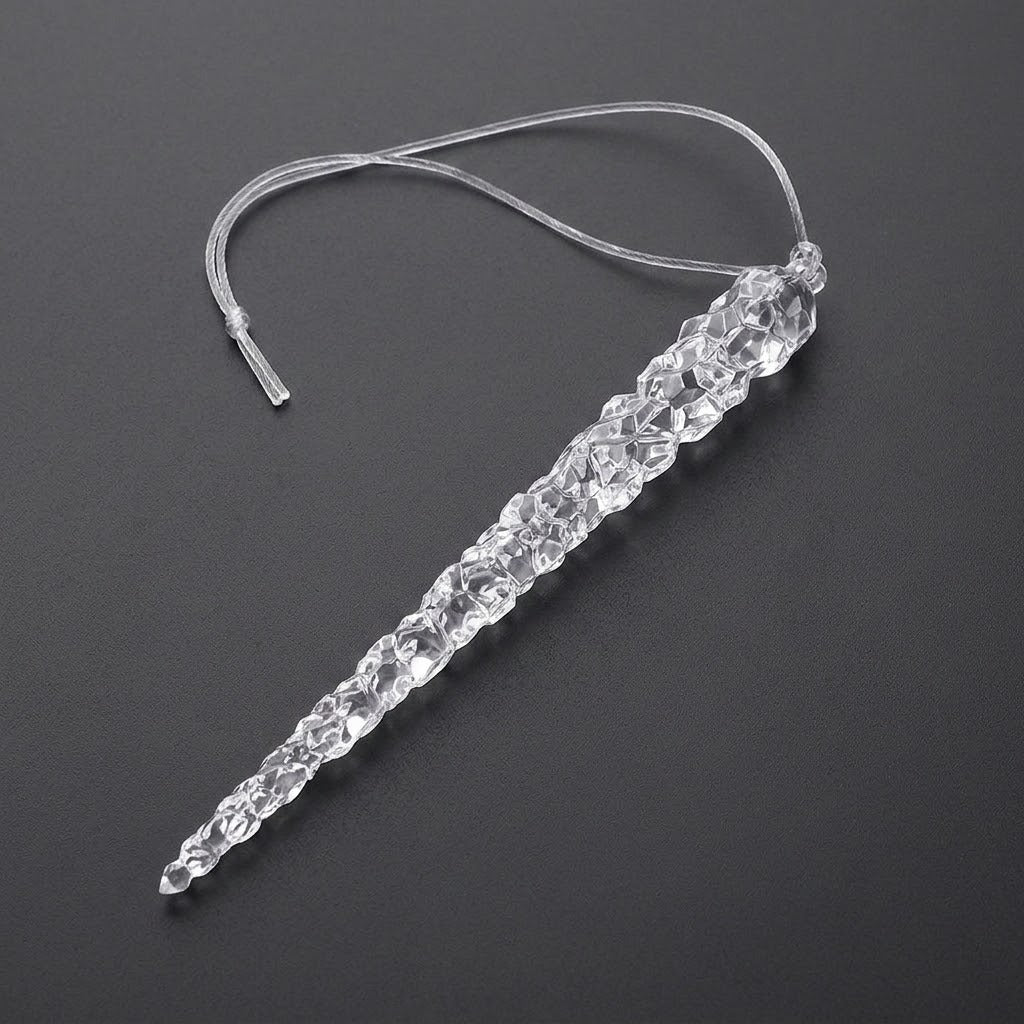 A clear faceted icicle ornament with a transparent hanging cord lies diagonally on a dark gray background.