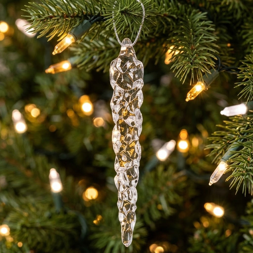 A clear faceted icicle ornament hangs from a silver loop among green branches surrounded by glowing warm white Christmas lights.