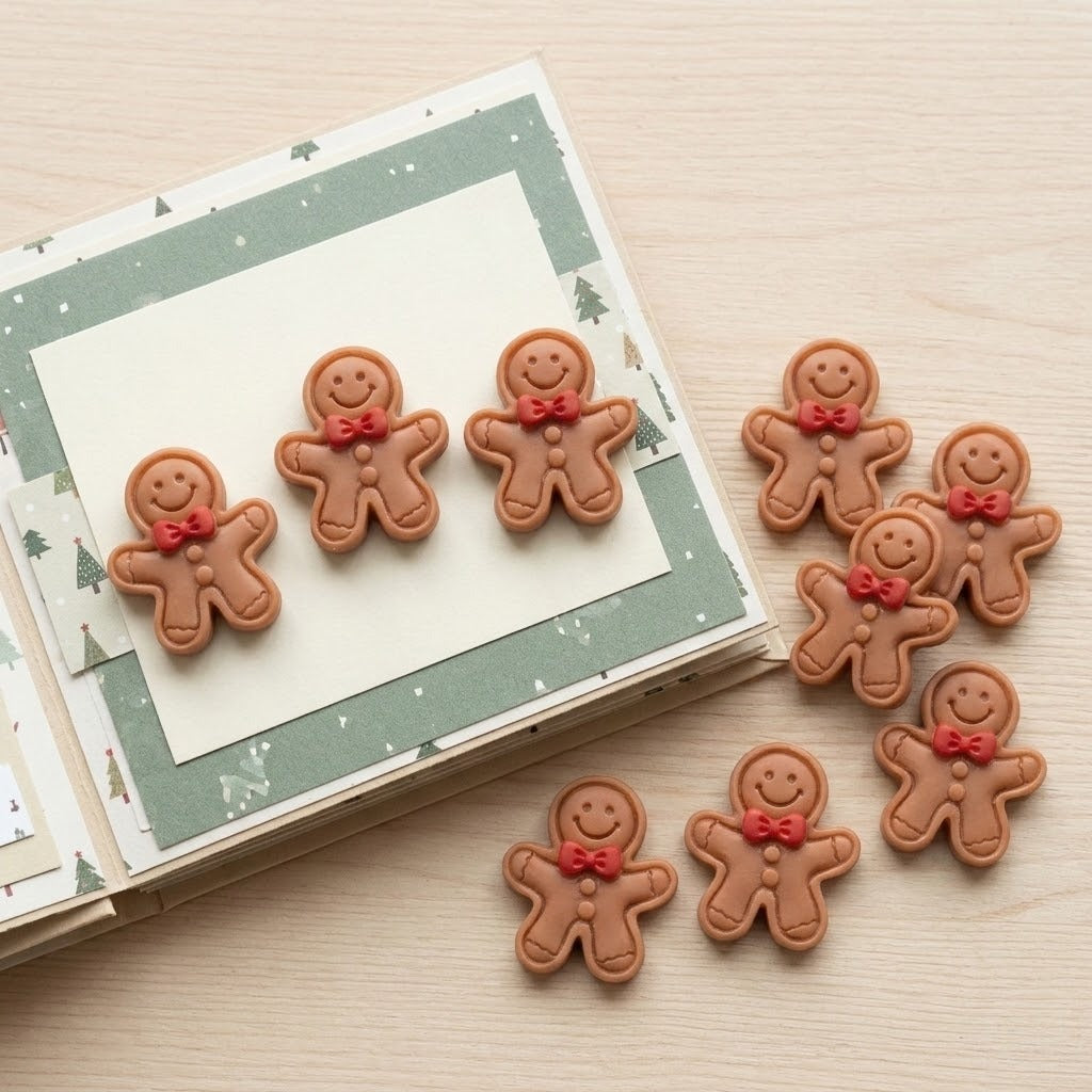 Brown resin gingerbread craft embellishments with red bows and brown buttons decorate a green-bordered scrapbook page and the surrounding wooden surface.