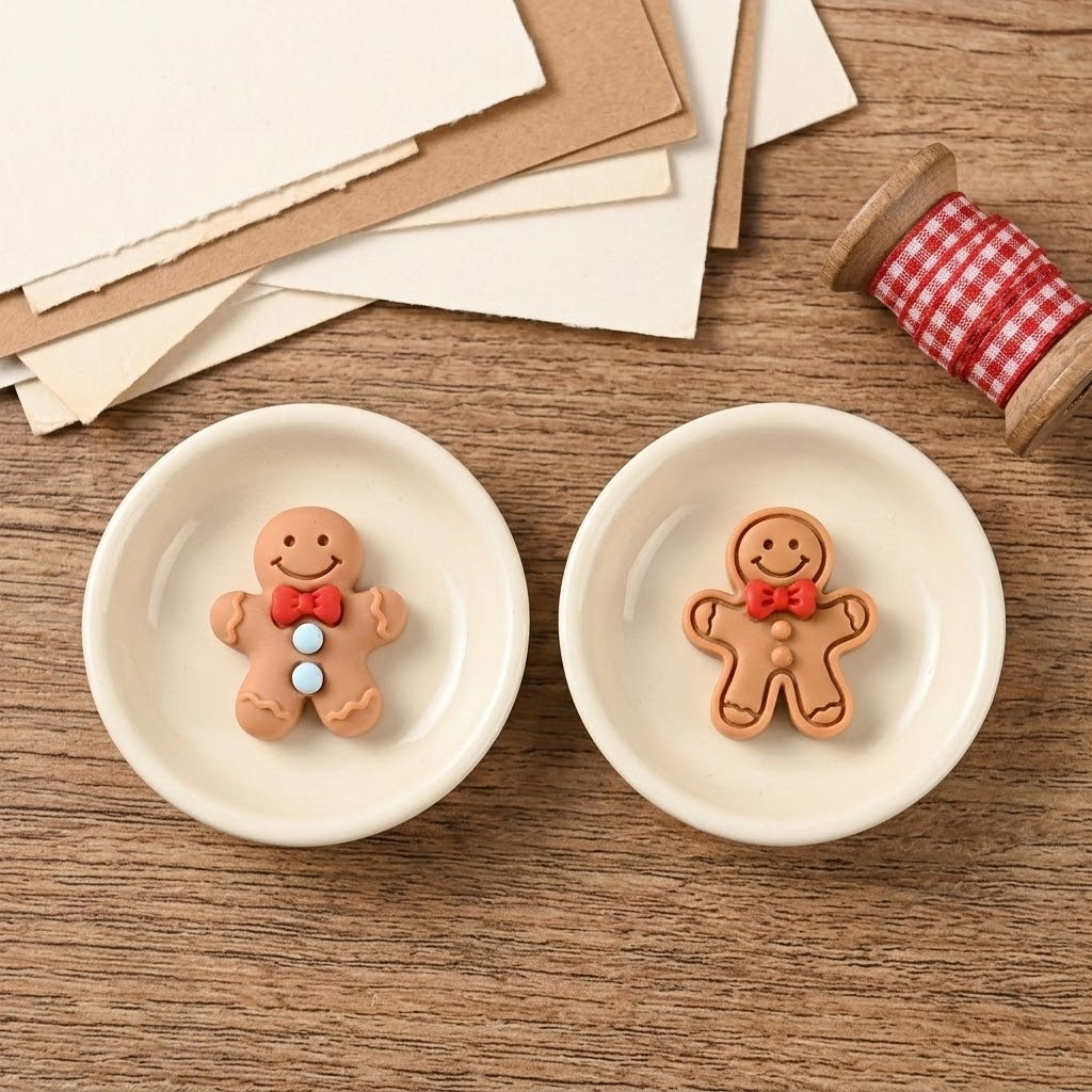 Two brown resin gingerbread craft embellishments sit in cream dishes beside paper and red gingham ribbon on a wooden surface.