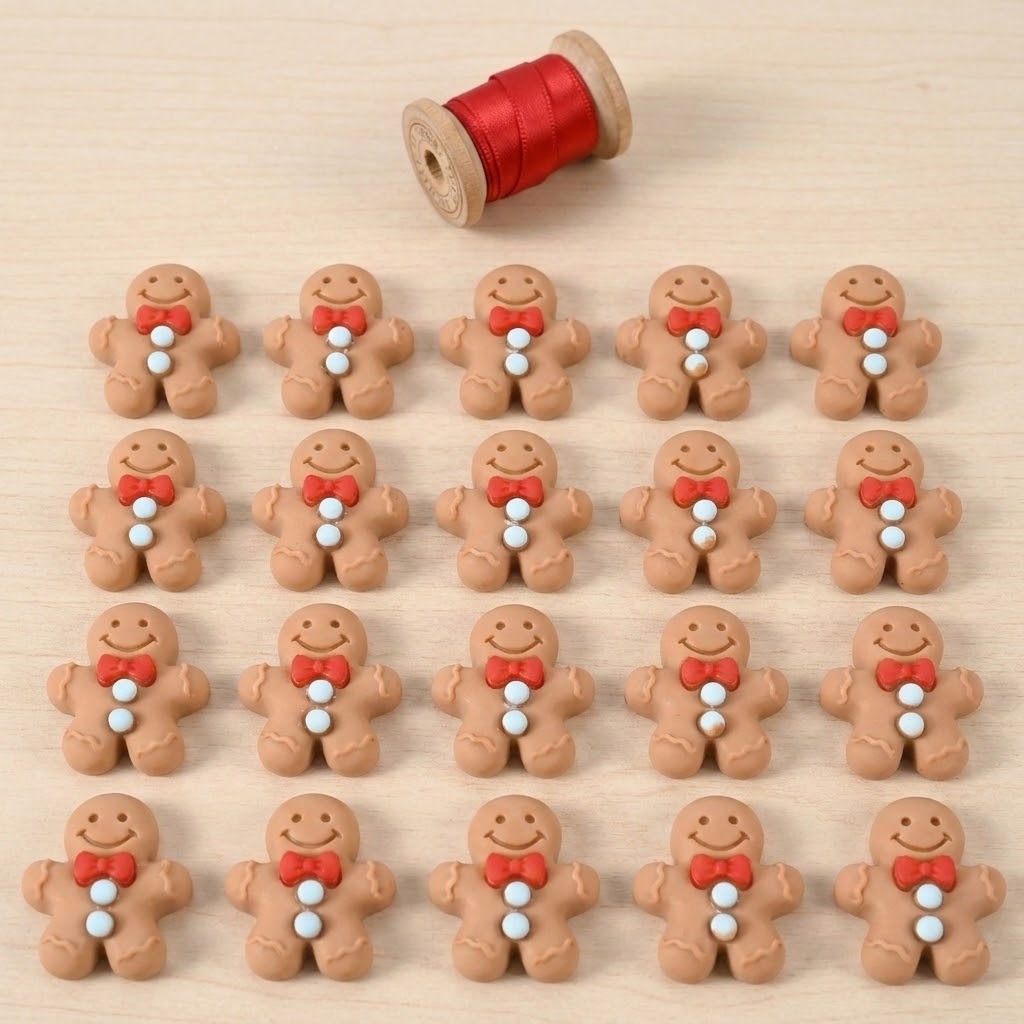 Twenty brown resin gingerbread craft embellishments with red bows and pale blue buttons form four rows on wood beneath a ribbon spool.