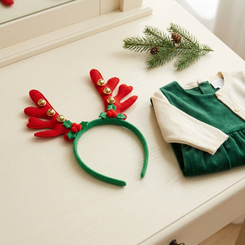 A green Christmas headband with red fabric antlers, gold bells, and holly rests beside folded clothing on a cream dresser.