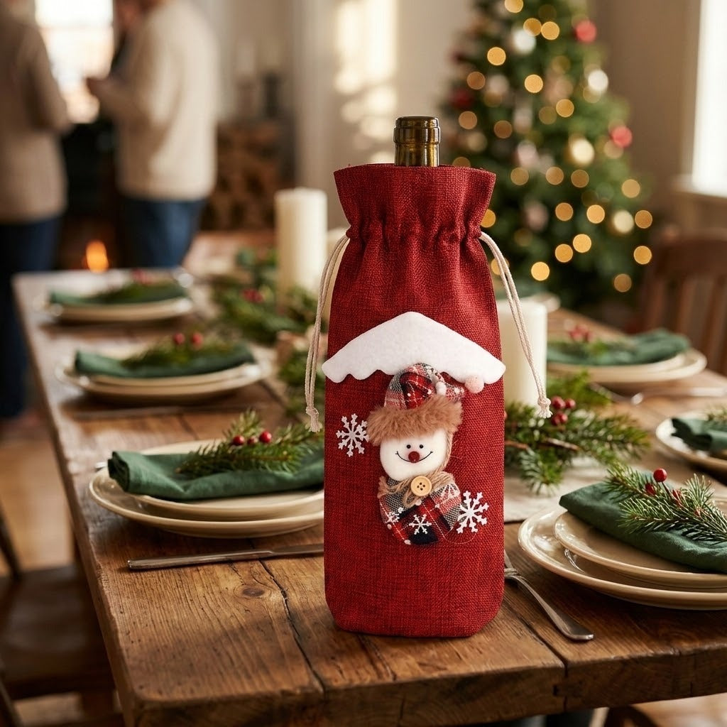 A red cloth wine bottle cover with a snowman decoration stands on a festive wooden dining table with green napkins.