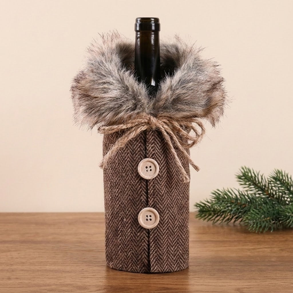 Brown herringbone wine bottle cover with fluffy gray trim, twine bow and beige buttons stands on a wooden tabletop beside greenery.