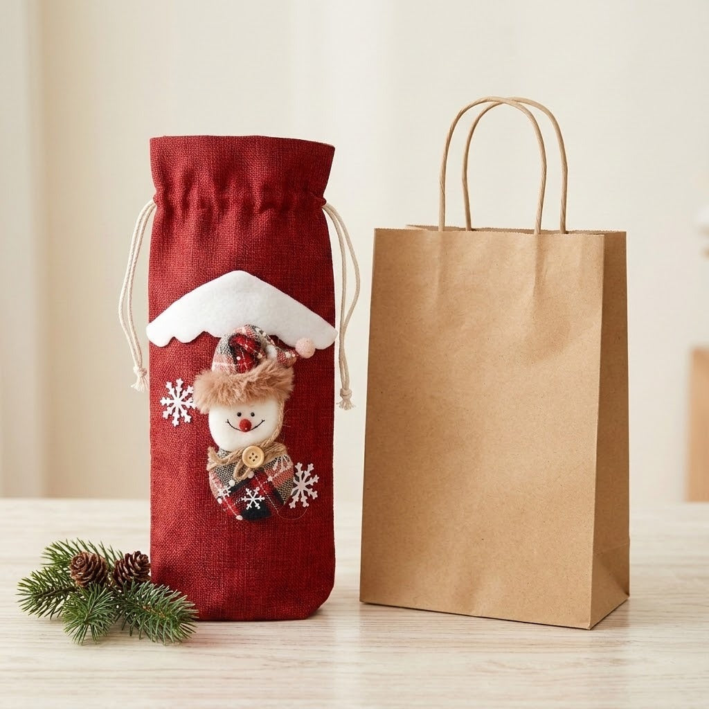 Red fabric wine bottle cover with snowman decoration stands beside a brown gift bag and pine sprig on a pale wooden tabletop.