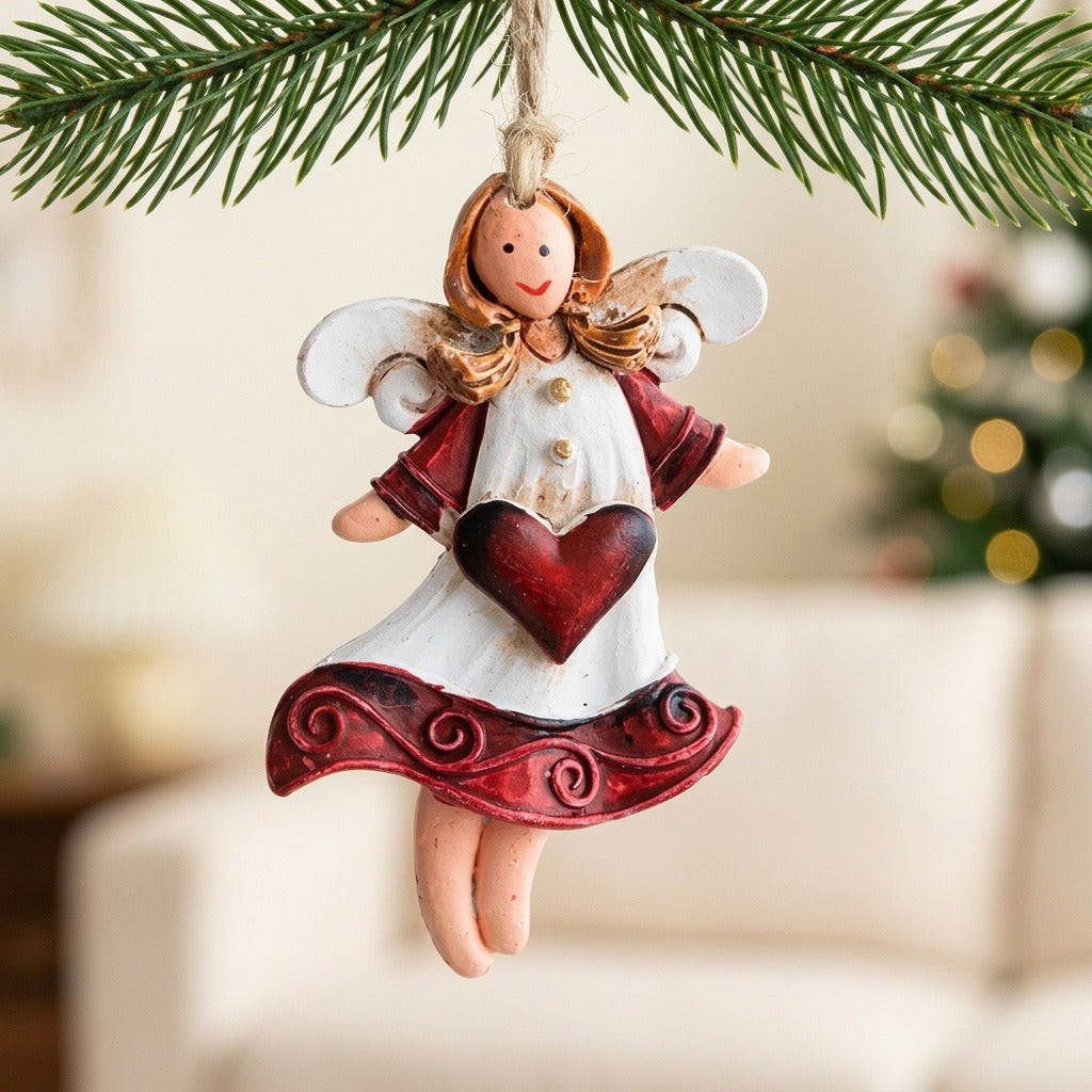 A white and burgundy angel ornament with a red heart hangs beneath evergreen branches, with a sofa and Christmas tree blurred behind.