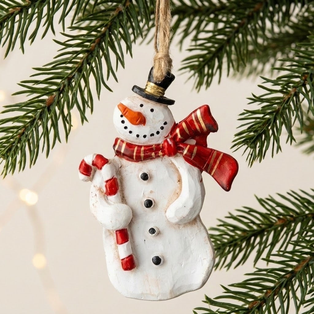 A white resin snowman Christmas ornament with a black hat, red scarf, and candy cane hangs among evergreen branches against a cream background.