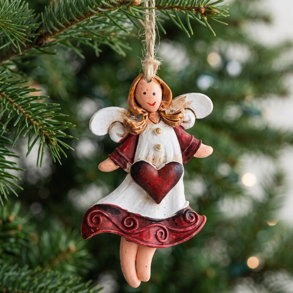 A resin angel Christmas ornament with white wings, a burgundy heart, and matching dress trim hangs among evergreen branches and blurred lights.