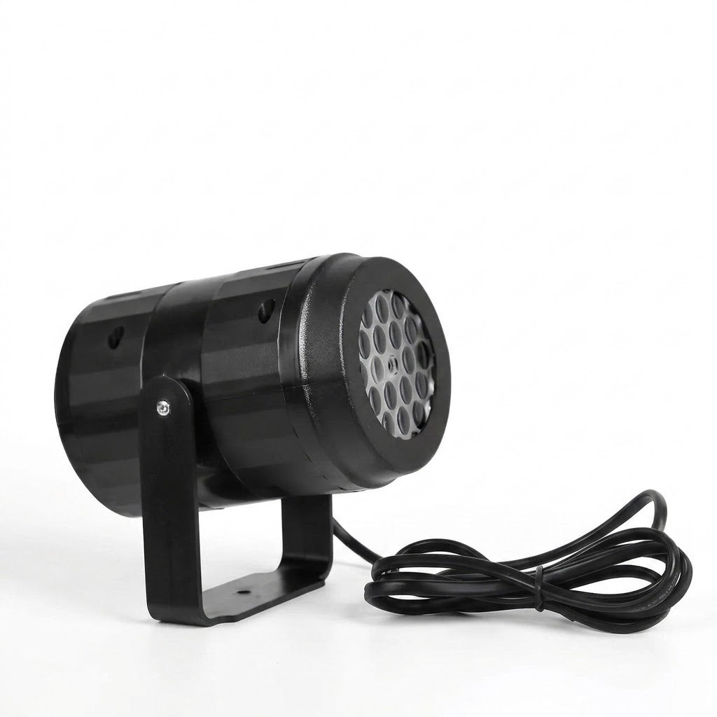 Black Christmas light projector with a U-shaped stand and coiled attached cable sits against a plain white background.