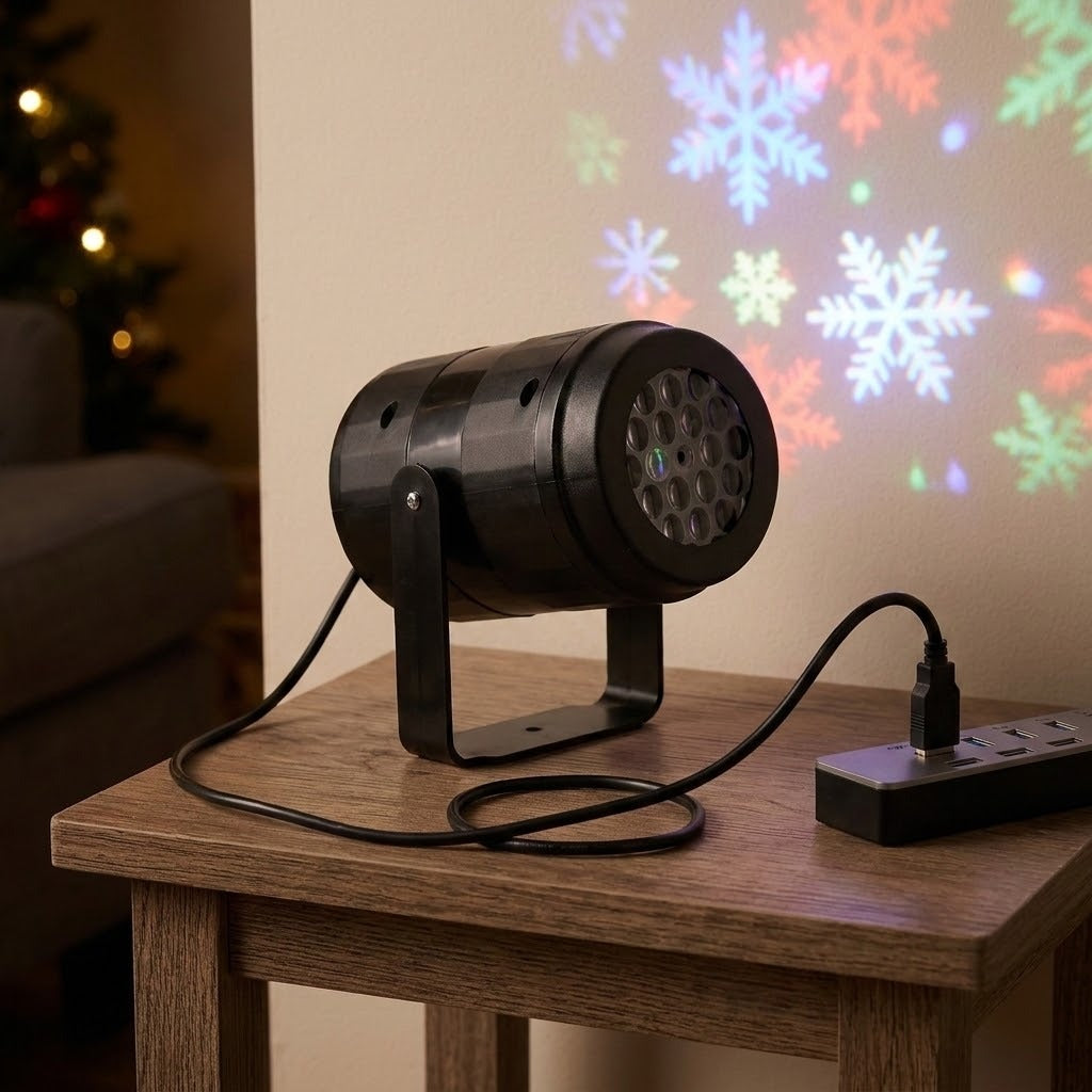 Black Christmas light projector connects to a USB power strip on a wooden table, with multicolored snowflakes projected on the wall.