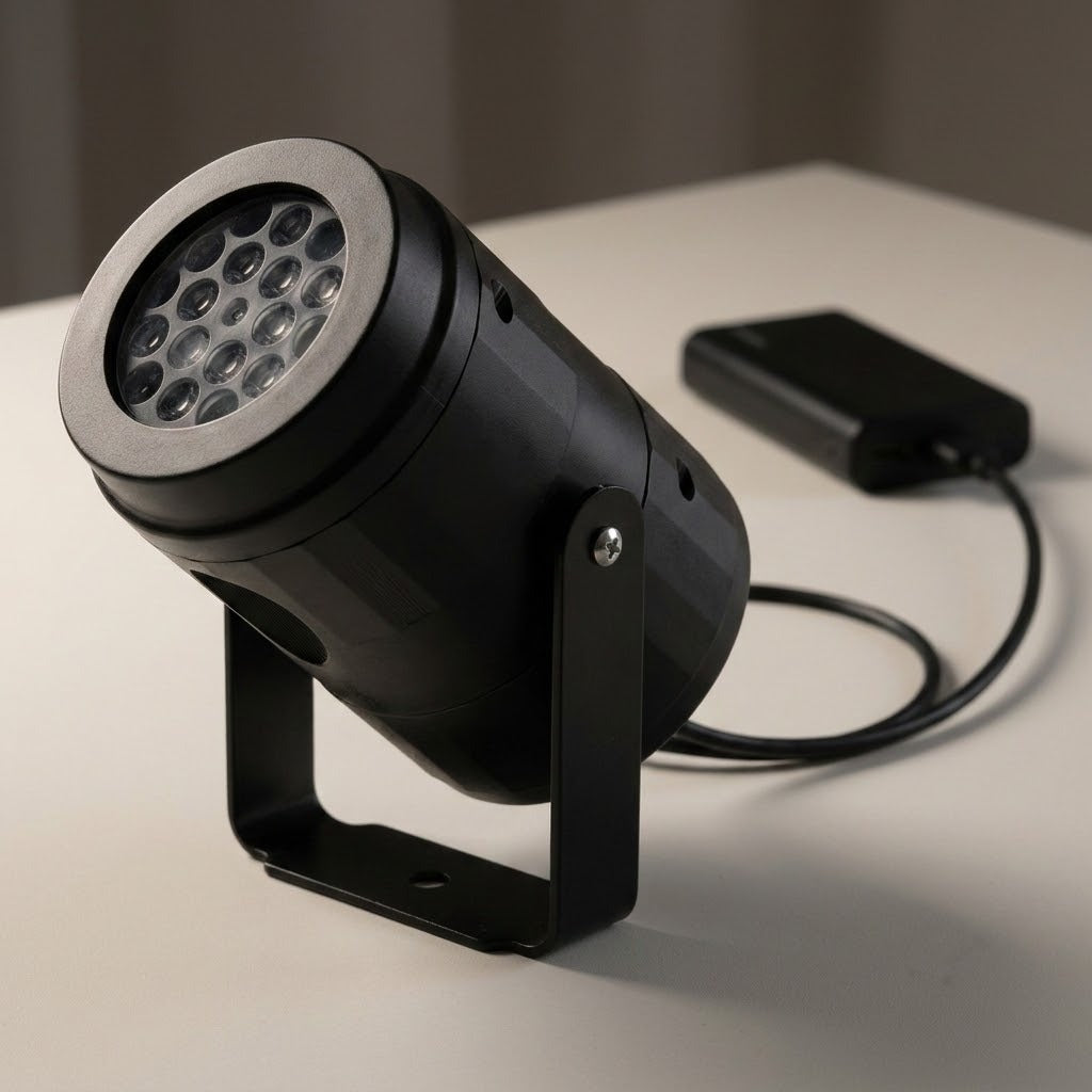 Black Christmas light projector tilts upward in a U-shaped stand on a white tabletop, with a cable connected to a black power bank.