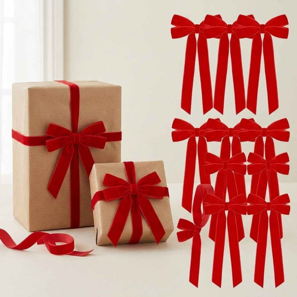 Set of twelve red velvet Christmas bows beside two kraft-paper gift boxes tied with matching bows on a cream background.
