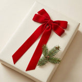 Red velvet Christmas bow with long tails on a white rectangular gift box beside a green pine sprig on a cream background.