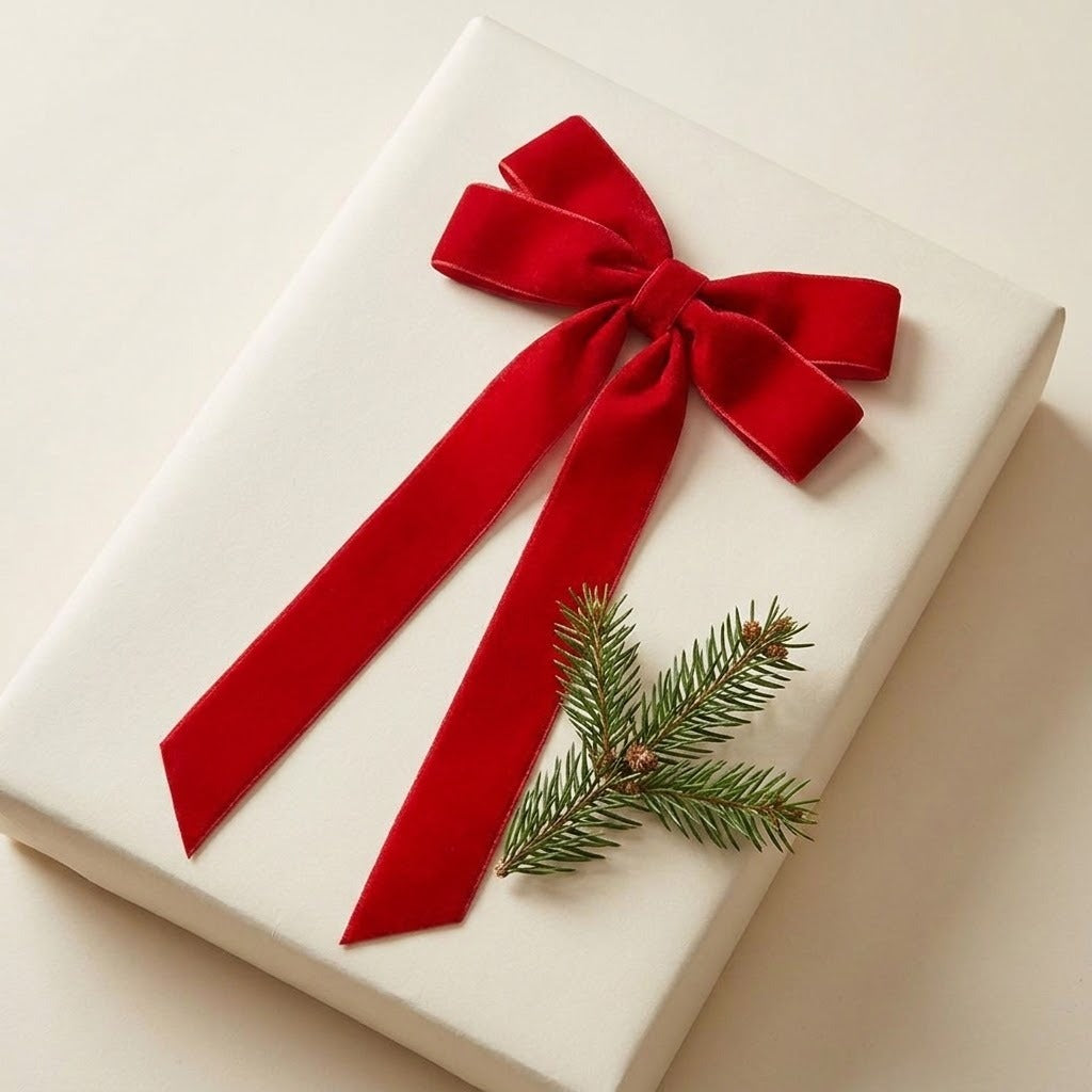 Red velvet Christmas bow with long tails on a white rectangular gift box beside a green pine sprig on a cream background.