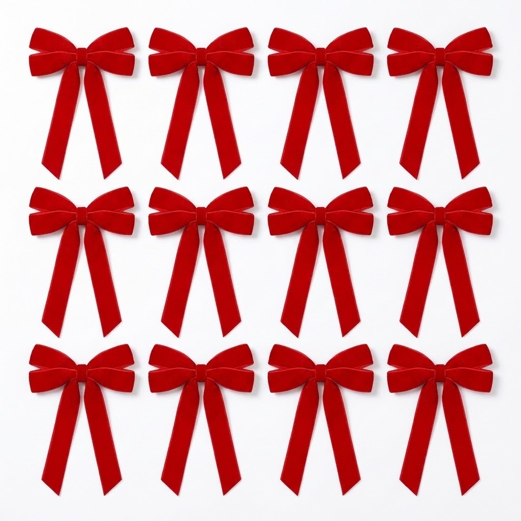 Twelve red velvet Christmas bows with long tails arranged in three rows of four on a plain white background.