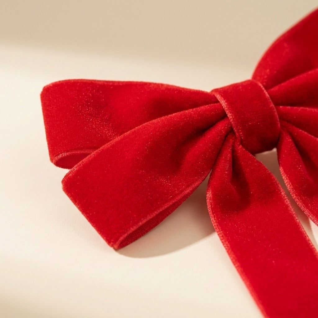 Close-up of a red velvet Christmas bow showing its soft plush texture against a warm off-white background.