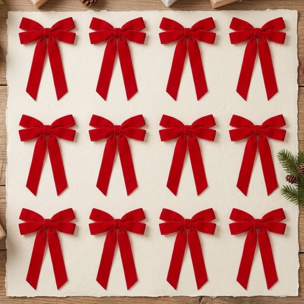 Twelve red velvet Christmas bows arranged in neat rows on cream paper over a wooden tabletop with evergreen sprigs and pinecones.