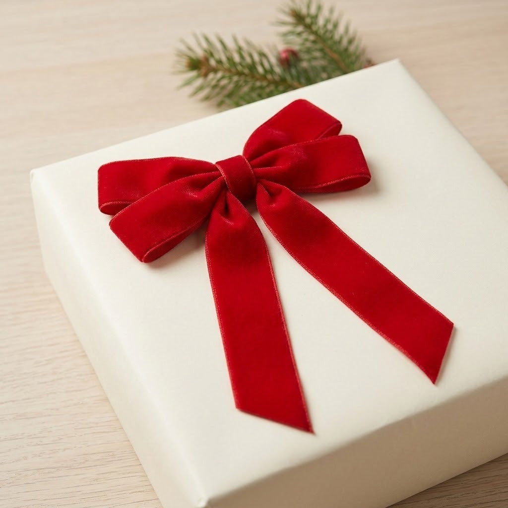 Red velvet Christmas bow with long tails fastened to a cream gift box, an evergreen sprig behind it on a wooden table.