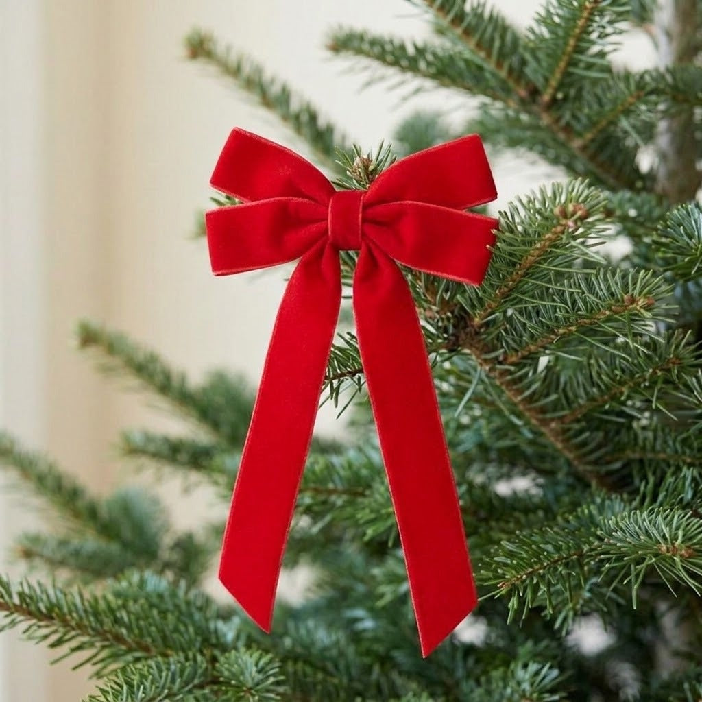 A red velvet bow with two long tails decorates a green Christmas tree branch against a softly blurred cream background.