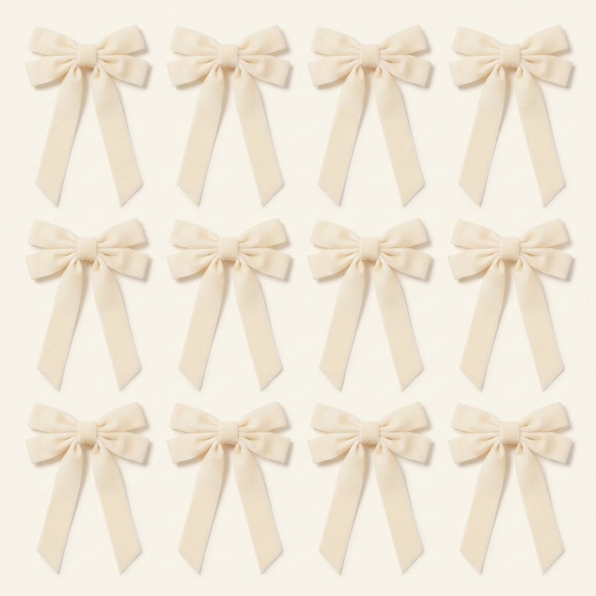 Twelve ivory velvet Christmas bows with long angled tails are arranged in three rows of four on a cream background.