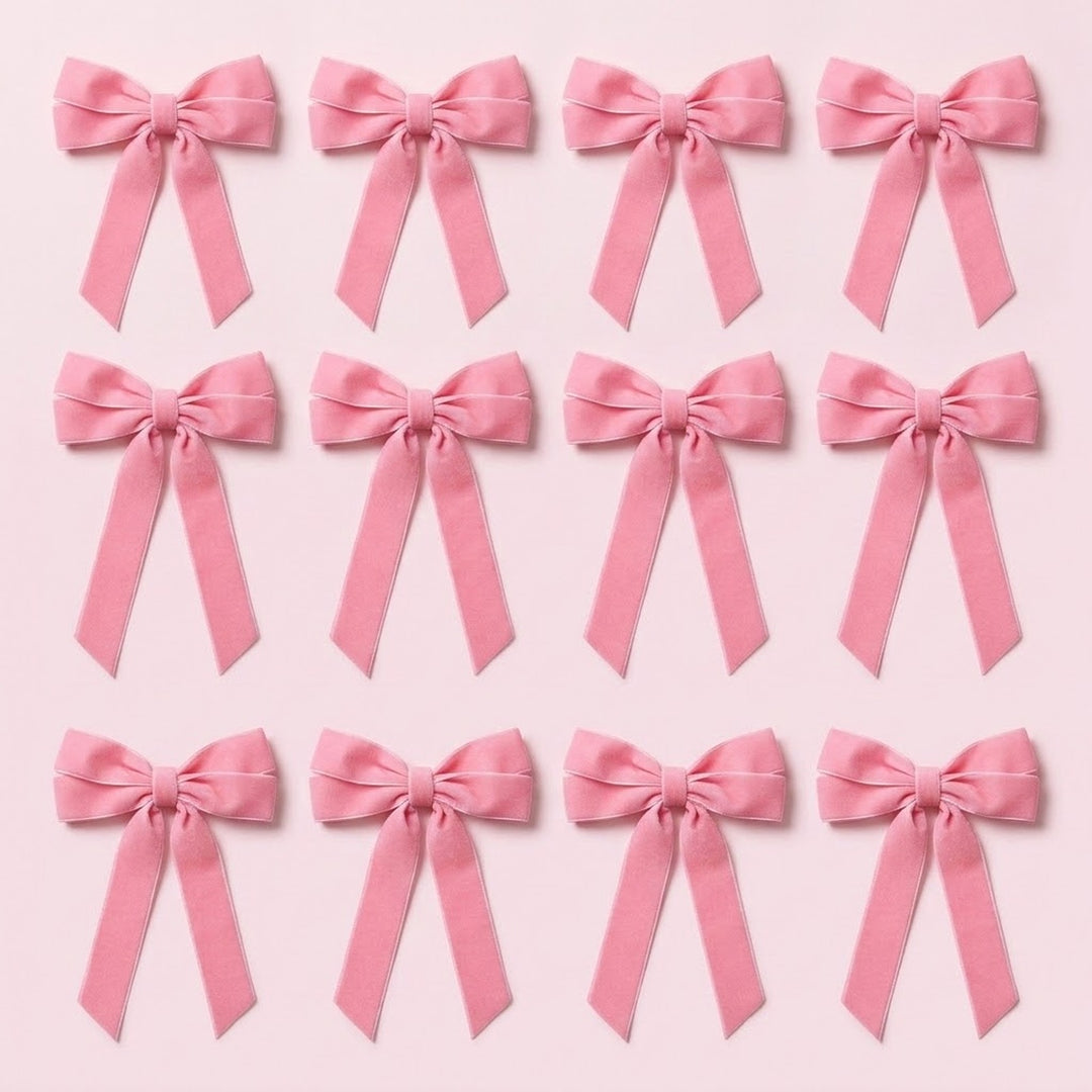 Twelve pink velvet Christmas bows with long angled tails are arranged in three rows of four on a pale pink background.