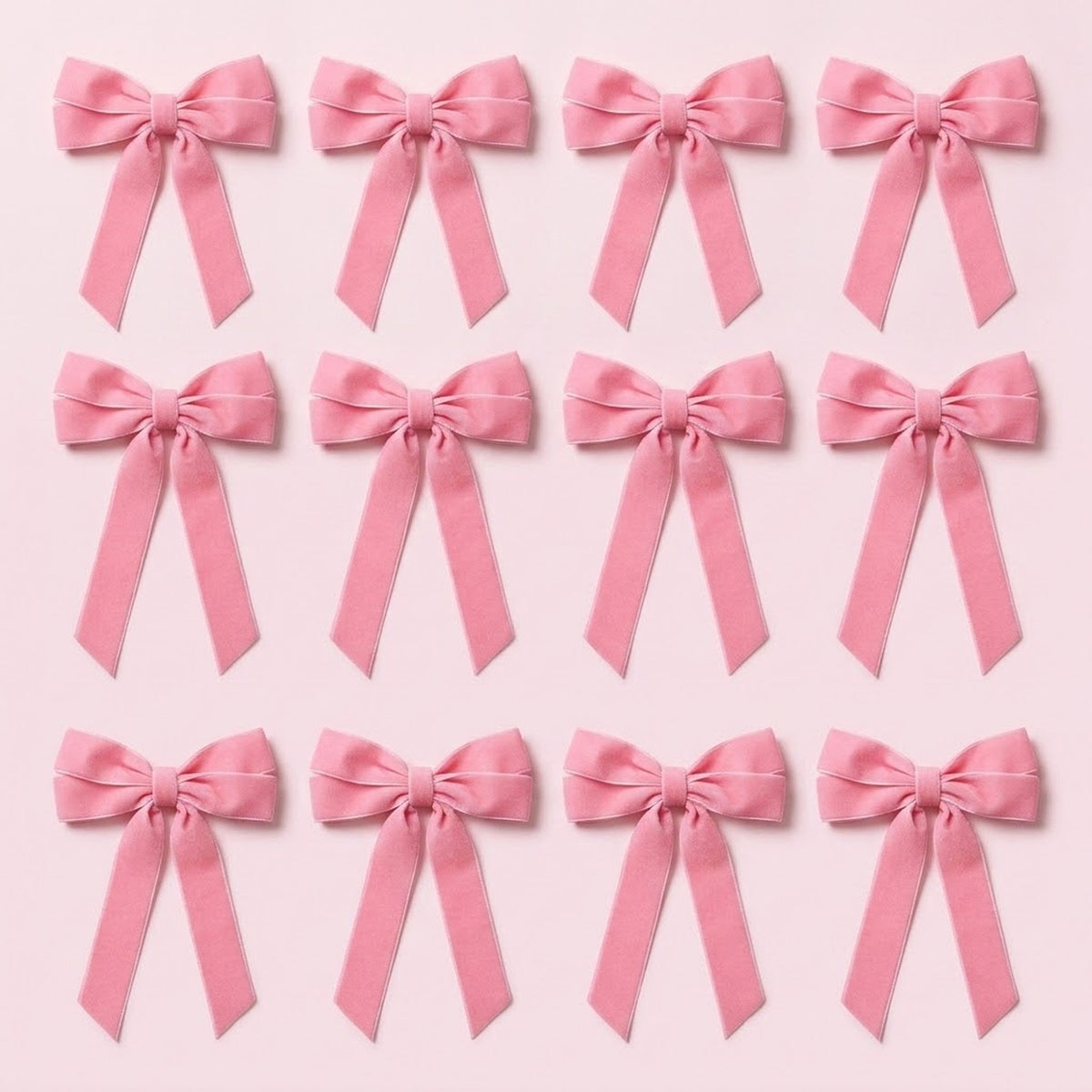 Twelve pink velvet Christmas bows with long angled tails are arranged in three rows of four on a pale pink background.