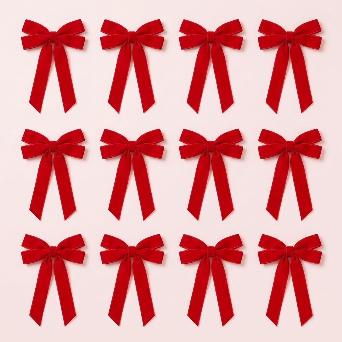 Twelve red velvet Christmas bows with long angled tails are arranged in three rows of four on a pale pink background.