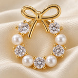 A close-up shows a gold-tone bow stud earring with alternating white pearl-like beads and clear faceted stones on cream satin.