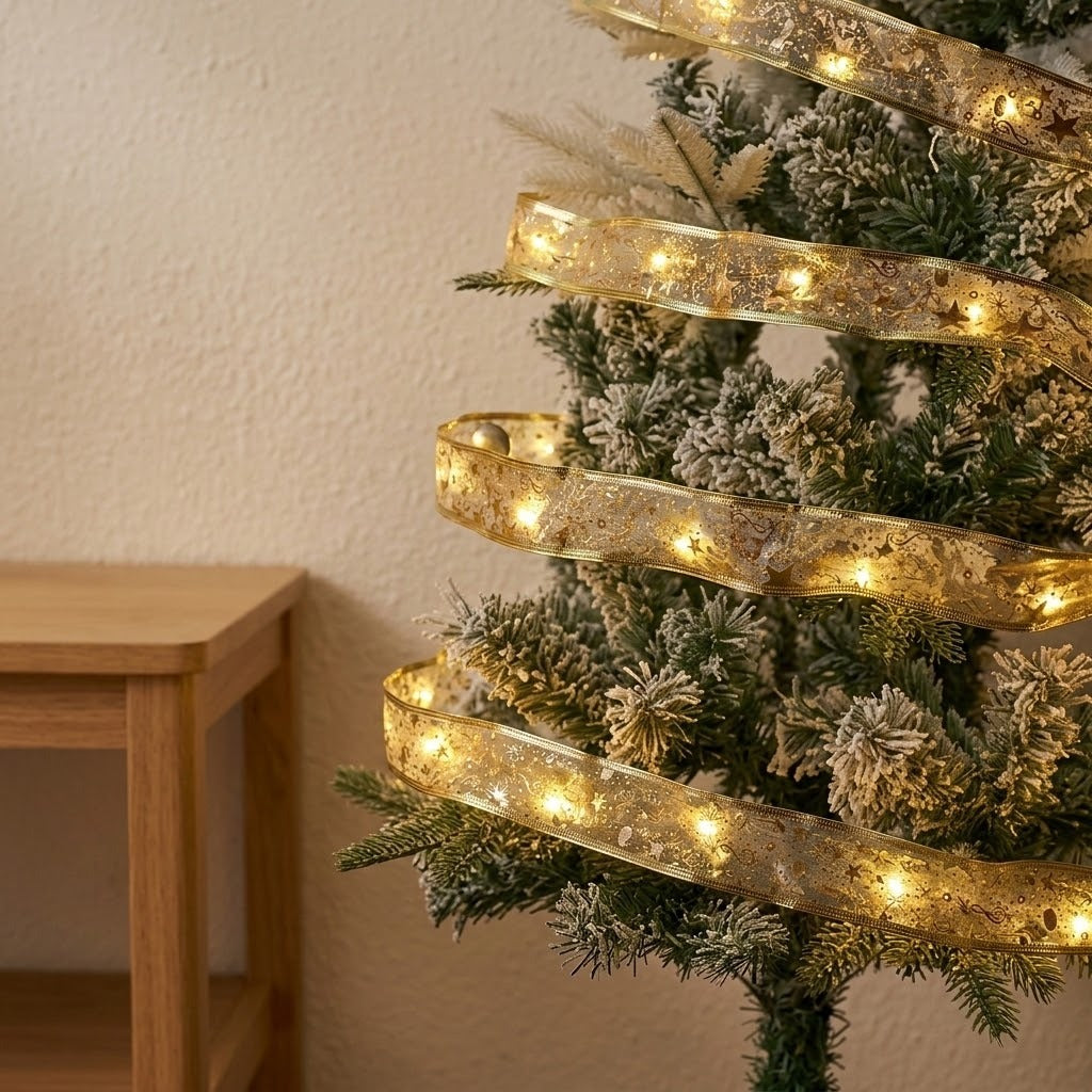 A glowing gold ribbon light string wraps around a snow-dusted Christmas tree beside a wooden table against a cream wall.