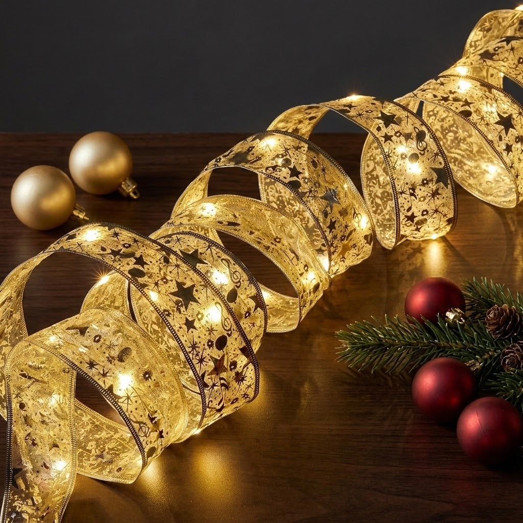 A gold ribbon light string glows in loose spirals on a dark wooden tabletop beside red and gold baubles and evergreen sprigs.