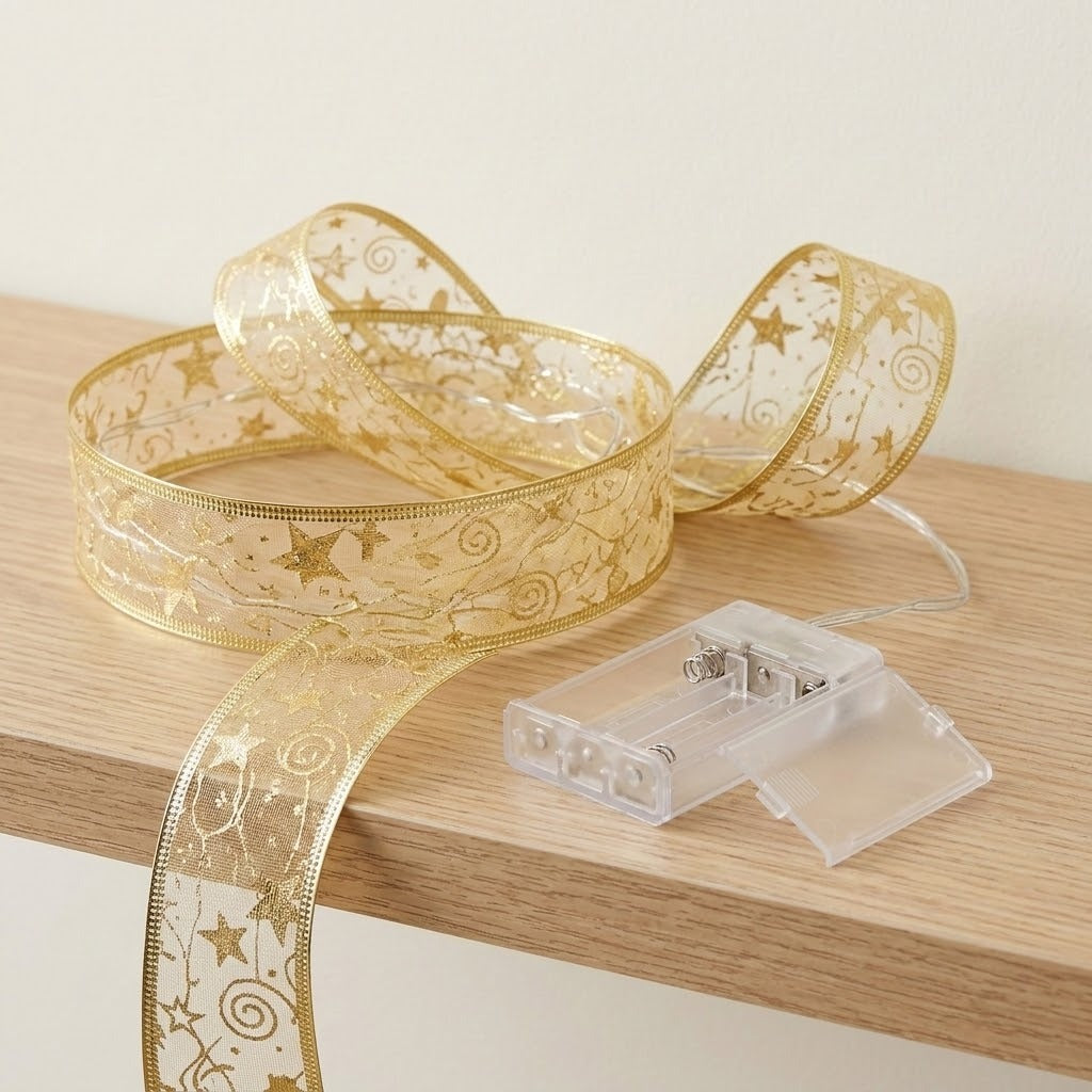 A translucent gold ribbon light string with stars and swirls lies loosely coiled on a wooden shelf beside an open, empty clear battery box.