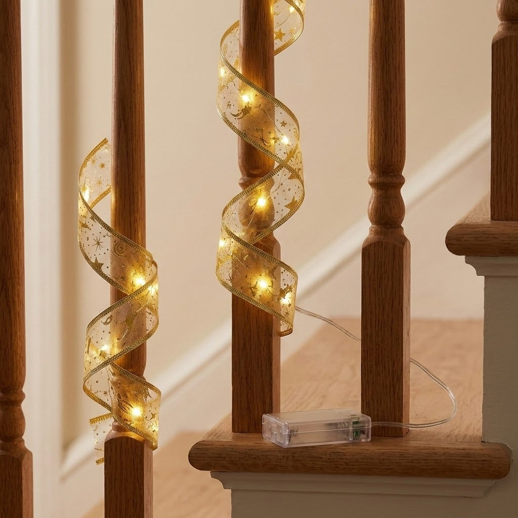 Gold patterned ribbon light string spirals around wooden staircase spindles, glowing warm white beside a clear battery box on the ledge.