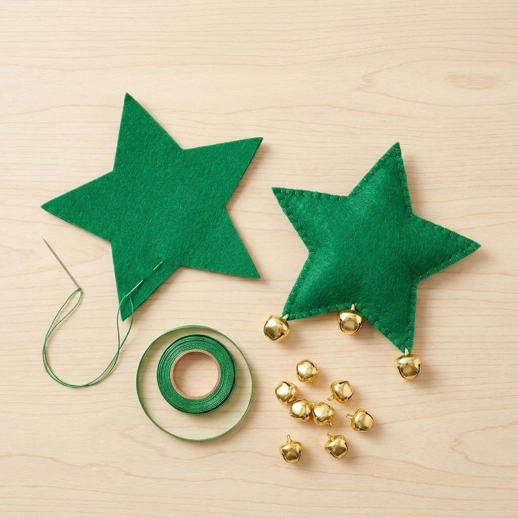 Gold-color jingle bells decorate a stitched green felt star, with loose bells, ribbon, and a threaded needle on a light wooden surface.