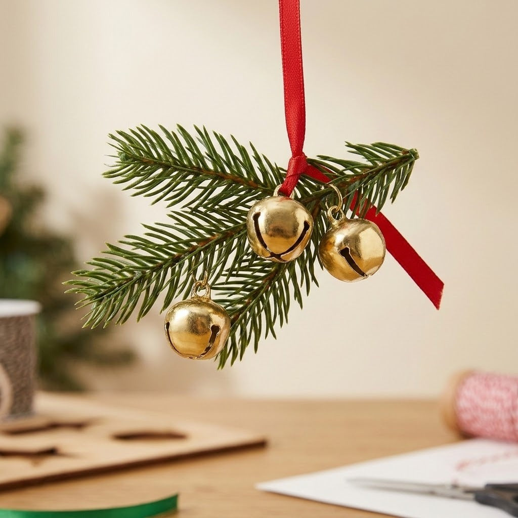 Three gold-color jingle bells hang from an evergreen sprig suspended by red ribbon above a craft table against a blurred beige background.