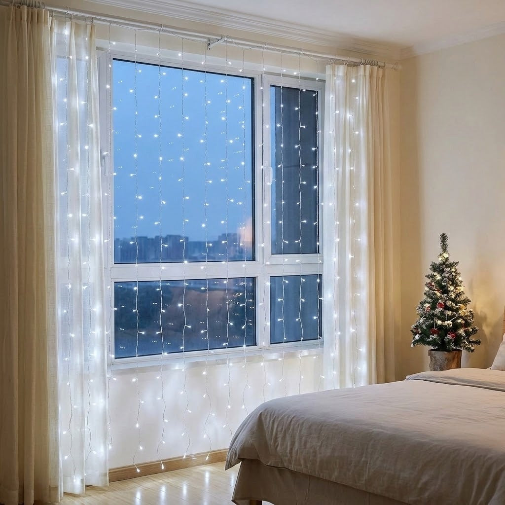 Cool white curtain lights hang across a bedroom window with sheer curtains beside a white bed and small decorated Christmas tree.