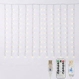 Warm white curtain lights appear against a white background above a remote control and two close-up views of clear USB controllers.