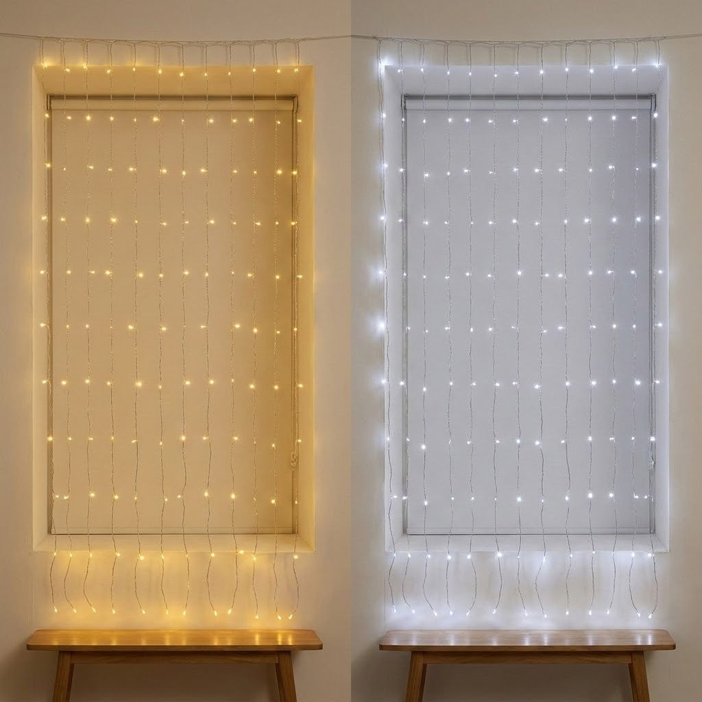 Side-by-side windows with closed blinds display warm white curtain lights on the left and cool white lights on the right.