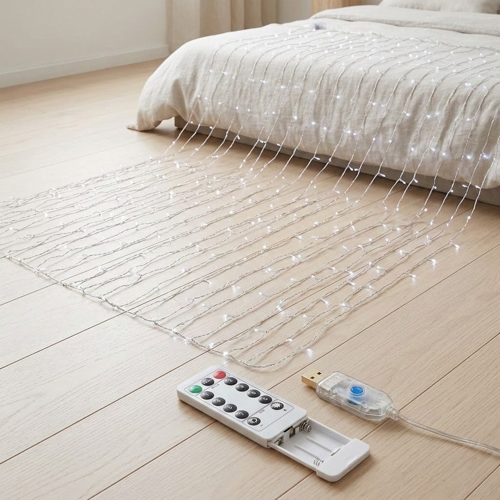White curtain lights drape across a bed and pale wooden floor beside a clear USB controller and remote with its battery compartment open.