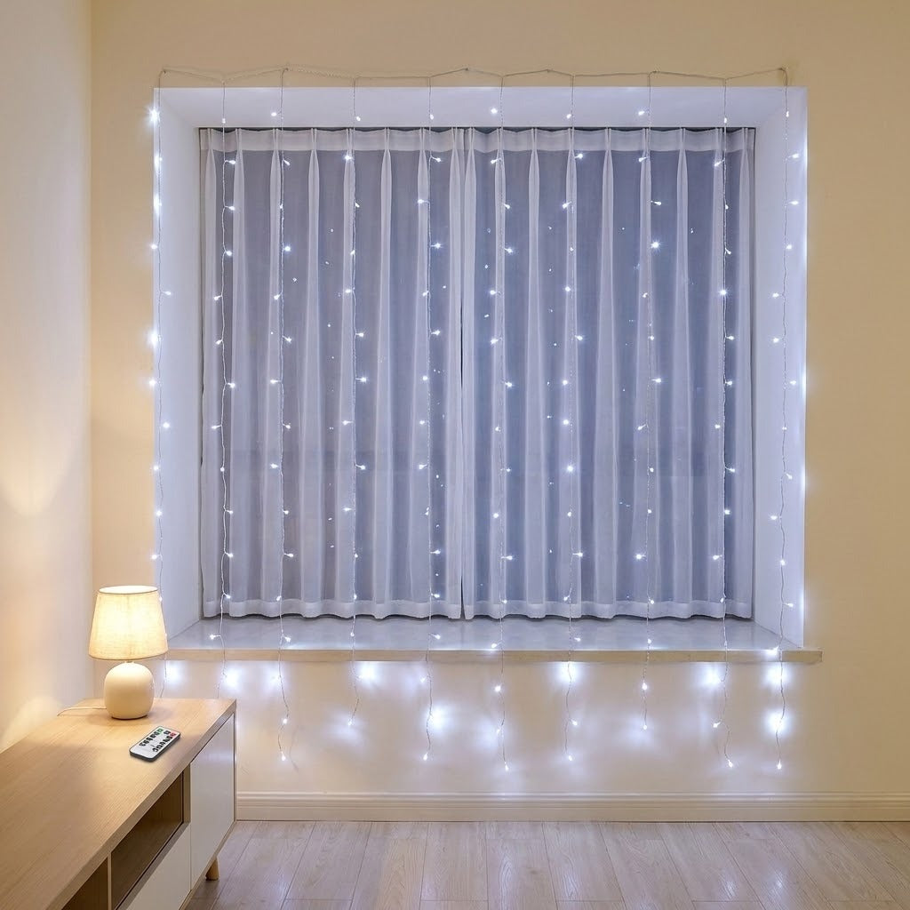 Cool white LED curtain string lights draped over a window with sheer curtains in a bright room, a remote resting on a wooden sideboard.
