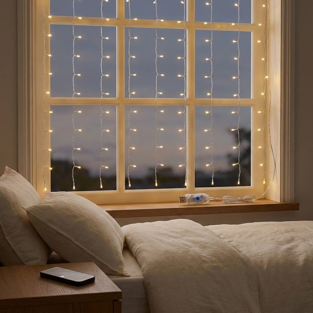 Warm white curtain lights cover a bedroom window, with a clear USB controller on the sill and remote on a wooden bedside table.