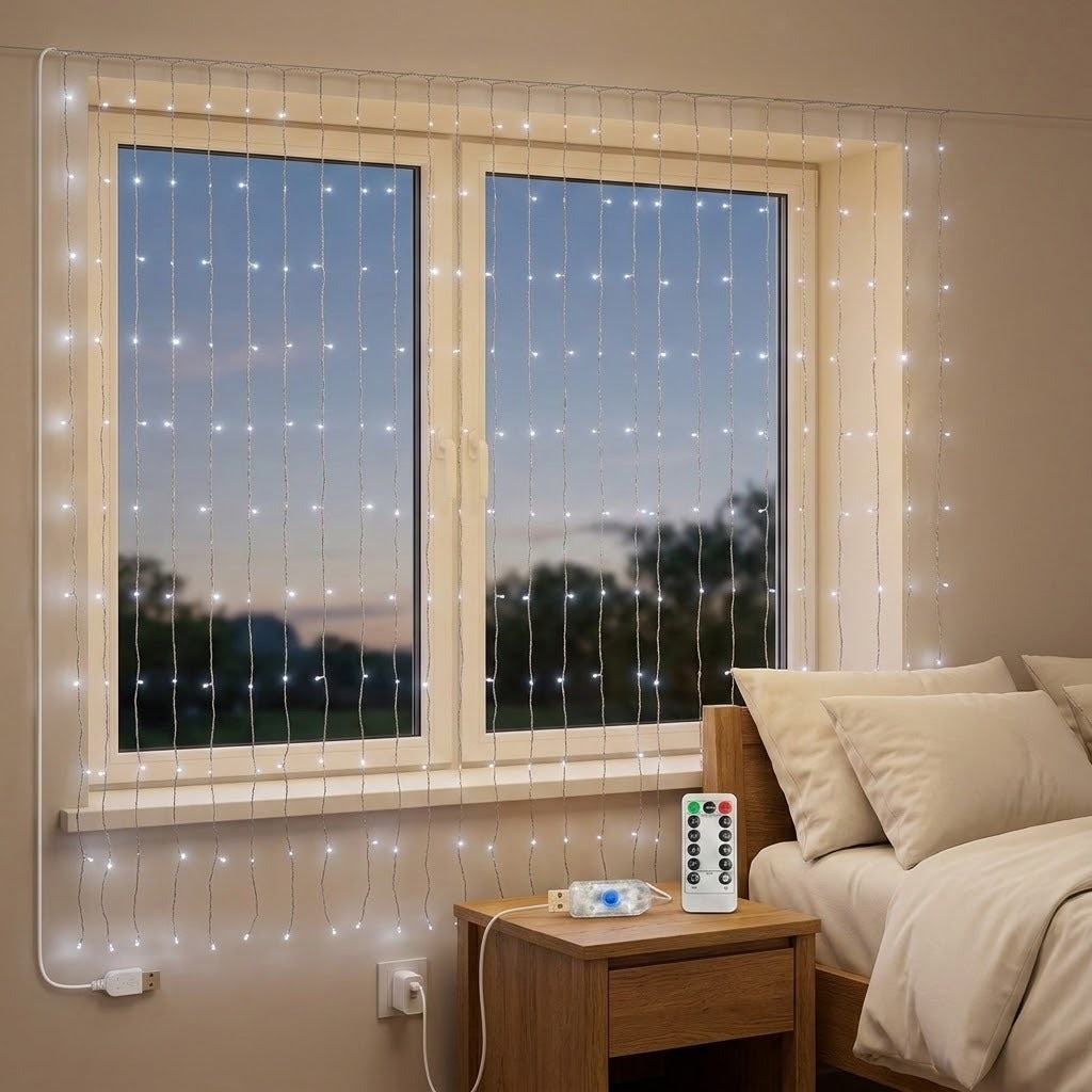 White curtain lights hang across a bedroom window, with a remote and clear USB controller on the wooden nightstand beside white bedding.