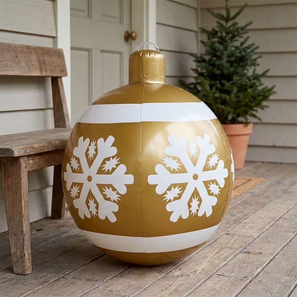 A gold inflatable Christmas ornament with white snowflakes and stripes rests on a wooden porch beside a chair and potted evergreen.