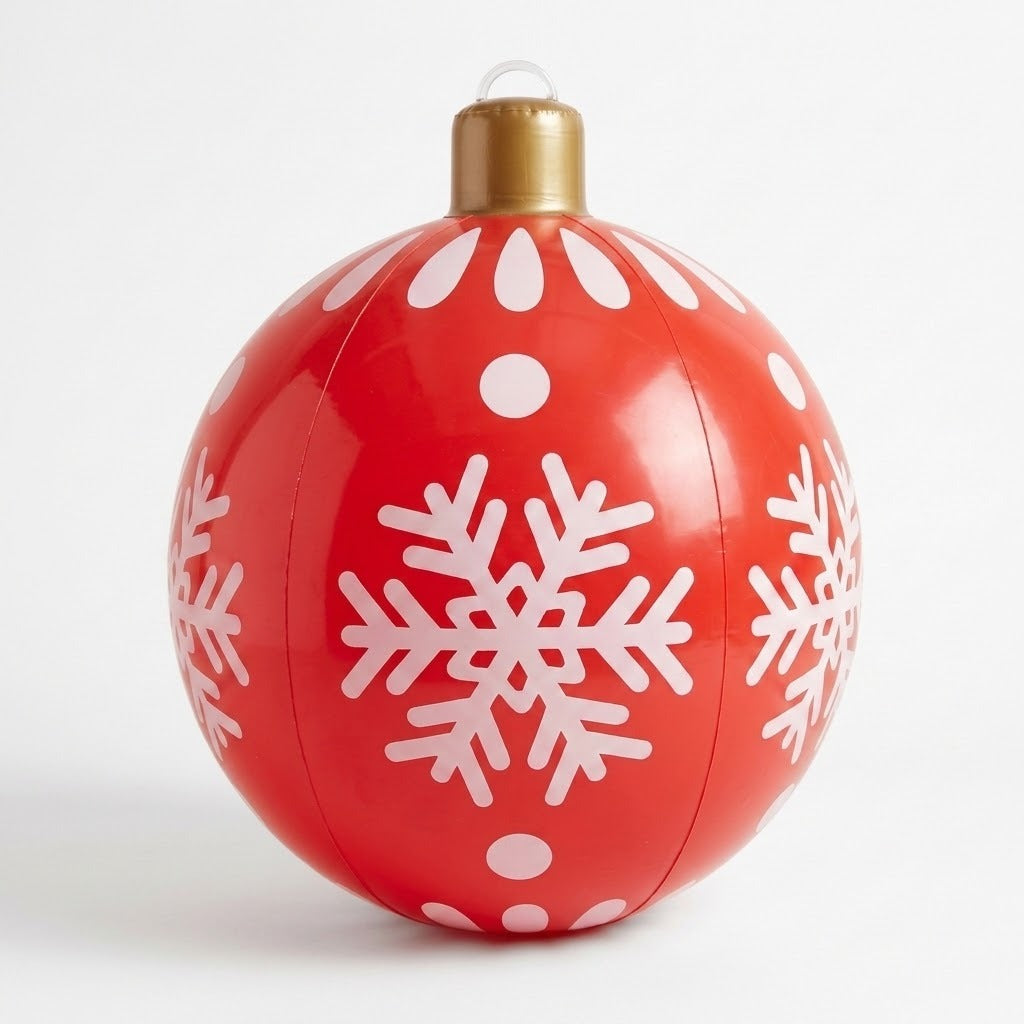 A red inflatable Christmas ornament with white snowflakes, dots, a gold cap, and a clear hanging loop stands against a white background.