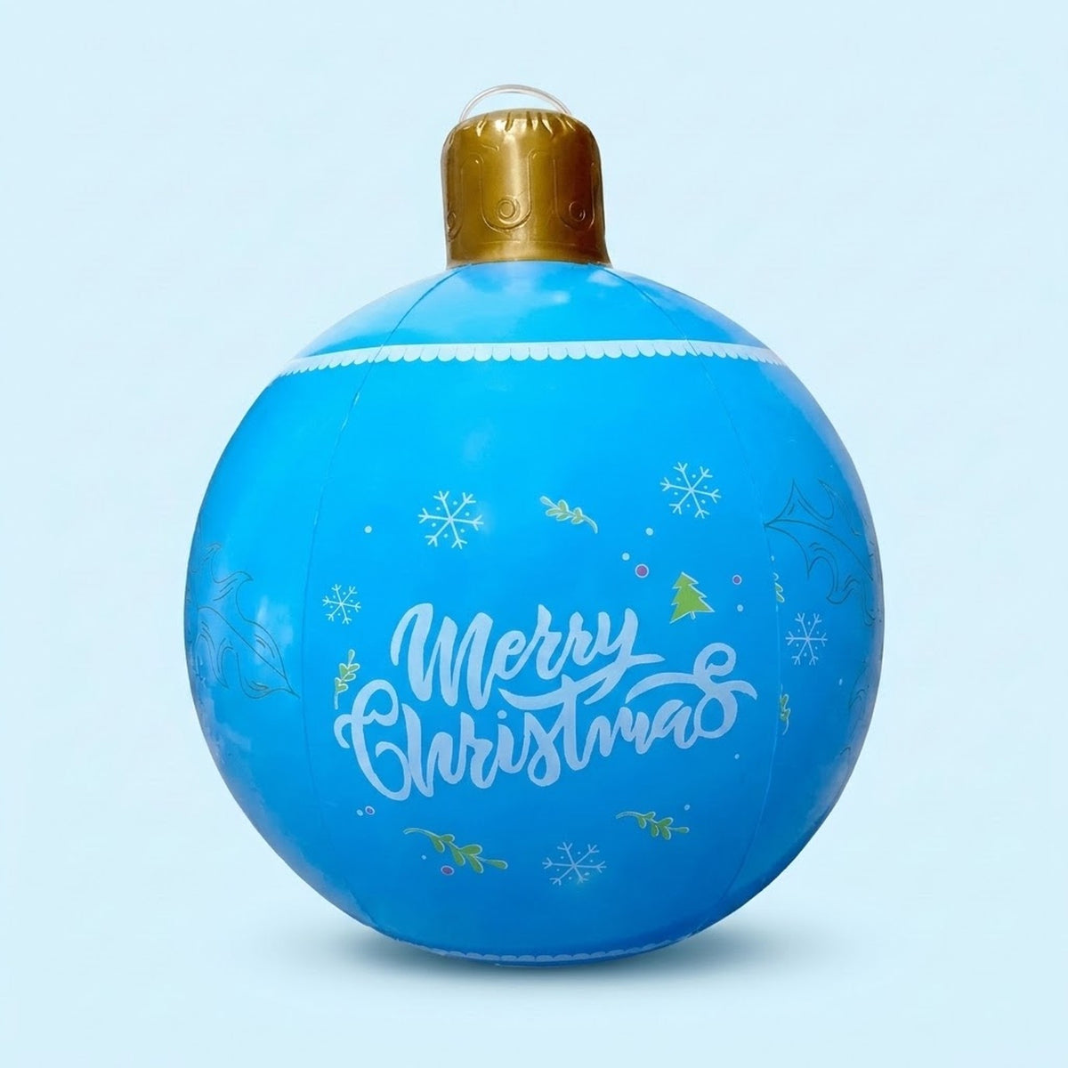 Blue inflatable Christmas ornament with white Merry Christmas lettering, snowflakes, gold details, and a gold cap against a pale blue background.